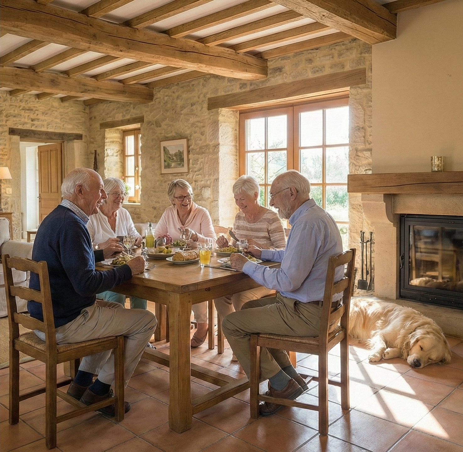 Luxury senior living community - cozy stone living room with seniors and golden retriever
